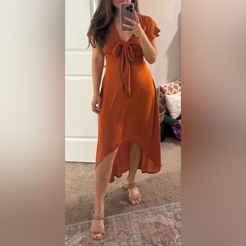 Francesca's Collections Rust Orange High-Low Tie Front Dress